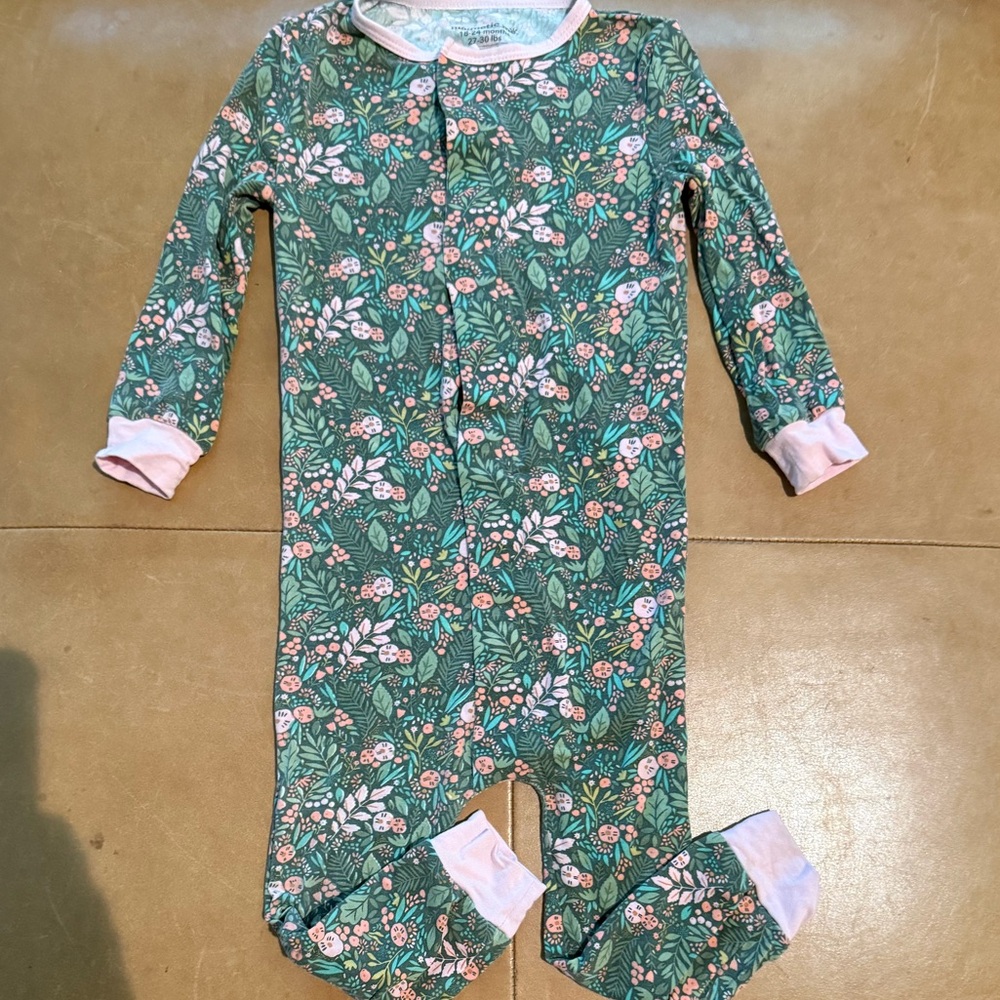 Magnetic Me Green Floral One-Piece Footed Pajamas with Pink Trim